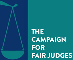 A theme graphic of Justice scales and text that reads The Campaign for Fair Judges