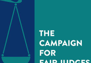 A theme graphic of Justice scales and text that reads The Campaign for Fair Judges